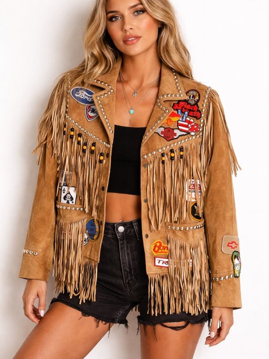 Unbranded Jackets & Blazers - Vintage Light Beige Fringe Suede Jacket with Patches S